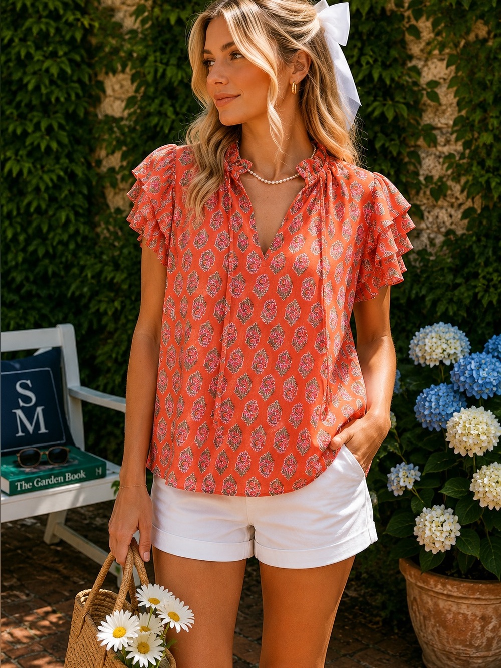 STATE Orange Medallion Print V-Neck Chiffon Ruffle Sleeve Summer Top, S